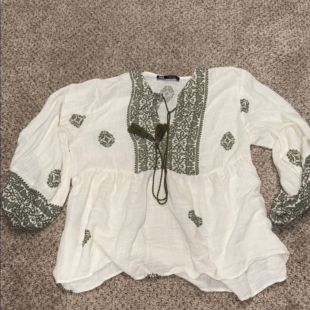 Zara Cream and Green Embroidered Blouse